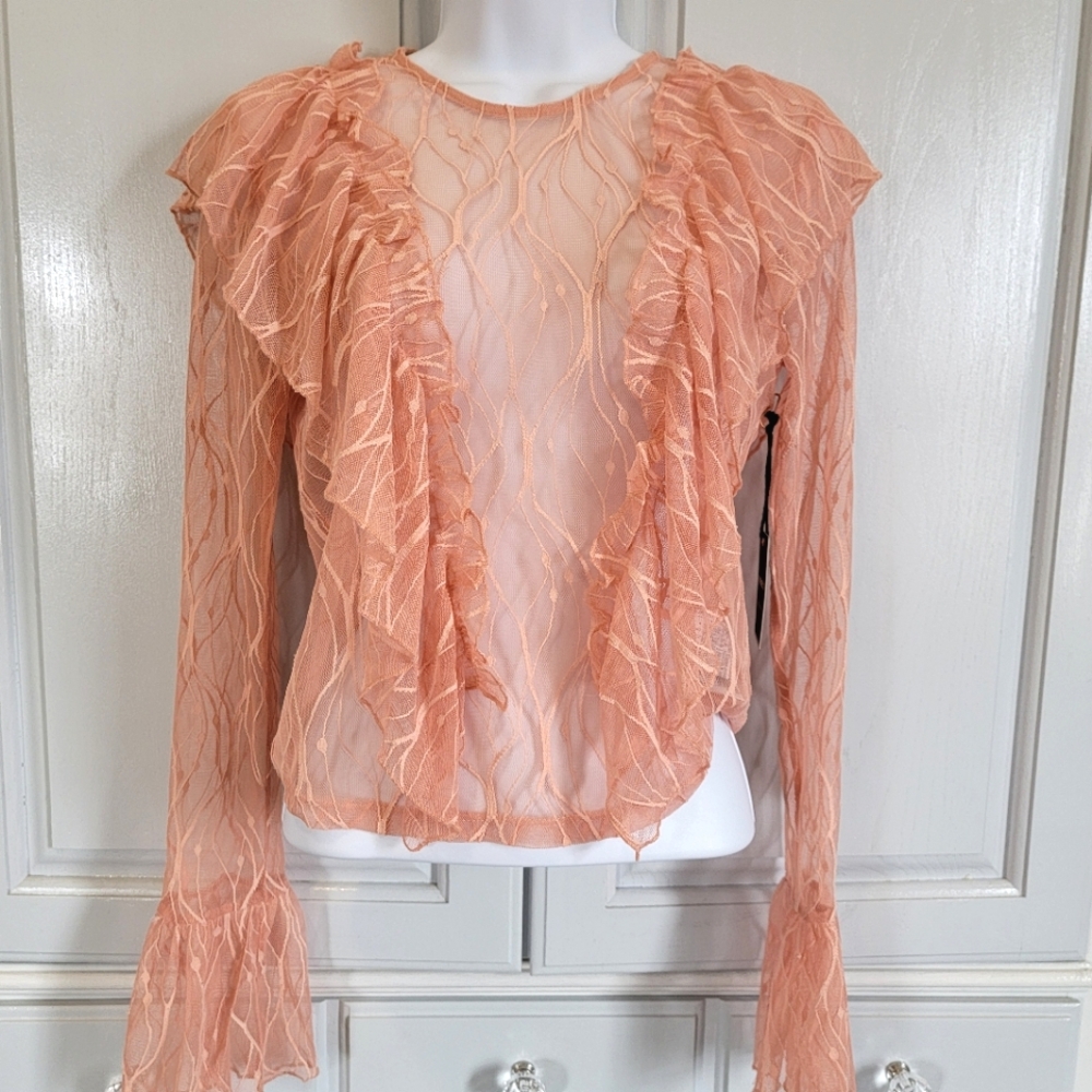 NWT Forever 21 Contemporary Ruffled Lace Bell Sleeve Peach Orange Cropped Small